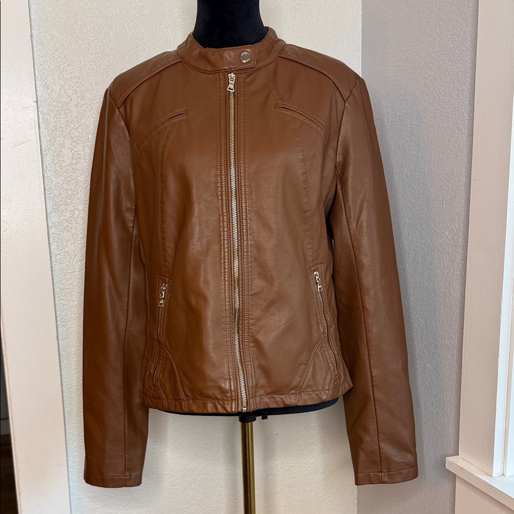 Guess Cognac Brown Leather Zip Jacket